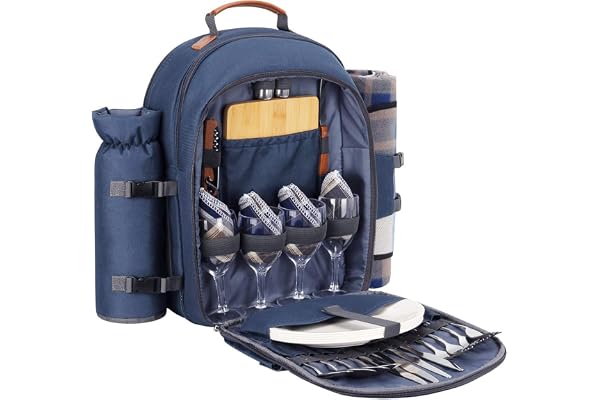 Sunflora Sac à Dos Pique Nique 4 Personnes Deluxe avec Poche Sac Pique-Nique Isotherme Panier Pique Nique avec Vaisselle et Couverture pour Camping Familial pelouse(Bleu Marine)