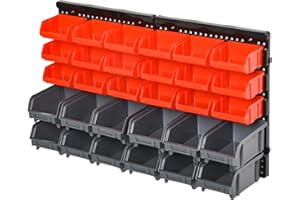 DURHAND Estantería de Almacenaje para Pared Organizador de Herramientas 33 Piezas en Total con Cajas de 2 Tamaños Diferentes Ideal para Tornillos 37,5x18x63 cm Rojo y Gris