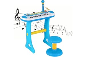 COSTWAY Kinder-Keyboard mit 31 Tasten, tragbares Musikinstrument mit Mehreren Sounds & Lichteffekten, verstellbarem Mikrofon & Hocker, niedliches Spielzeug-Klavier für Kinder ab 3 Jahren (Blau)
