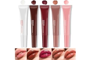 DENESTUP 5Pcs Hydrating Lip Gloss Lip Jam Set, High Shine Glass Finish Nude Colors Moisturizing Glitter Plumping Lip Gloss Shiny Jelly Liquid Lipstick for Girls and Women