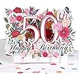 HOMANGA 50th Birthday Pop Up Card, Happy 50th Birthday Card for Her, Women, Wife, 50th Birthday Gift for Sister, Mom, Friend, Pop Up Birthday Greeting Card with Blank Note and Envelope, 15x20 cm
