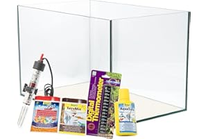 VIALIA Aquarium Set ohne Abdeckung weiß 60x30x30 cm, 54 Liter Glasbecken mit Starterset aus Heizer, Thermometer, Wasseraufbereiter und Fischfutter