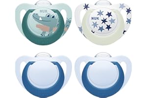 NUK Star Night Tétine pour bébé | 6-18 mois | Apaise 99 % des bébés | Sucettes en silicone | Brille dans le noir pour la retrouver la nuit | Crocodile | Lot de 4