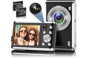 HICSHON Appareil Photo numérique, Appareil Photo numérique autofocus 4K avec caméra Avant et arrière, HD 48MP avec écran 2.8", Appareil Photo Compact d'entrée de Gamme (Noir)