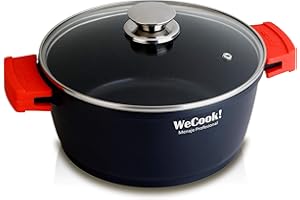 WECOOK! Ecostone Cazuela Alta Inducción con Tapa de Cristal 32cm, Antiadherente XTRA DUPON Ecológico sin PFOA, Aluminio Fundido, 5mm Espesor, 9cm Alto, Asas de Silicona, Vitrocerámica, Gas Negro