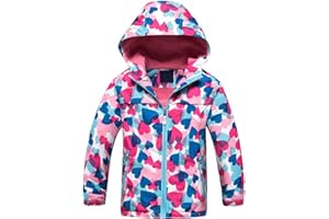 TURMIN Girls Floral Printed Waterproof Jacket, Kids Fleece Lined Raincoat Lightweight Windbreaker with Hood 3-10 Years for Wet Weather, Travel, School 3-10 Years