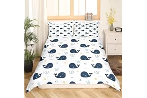 HOMEWISH Kawaii Wal Bettwäsche 135 x 200 Ozean Themen Bettwäsche Bettbezug Karikatur Marine Tier Bettbezug Niedliche Großer Fisch Bettwäsche Set Nette Sterne Algen Bettwäsche Set für Kinder Jungen Mädchen