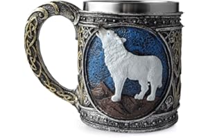 GEILA Tasse en acier inoxydable en forme de loup stéréoscopique 3D stéréoscopique rétro, tasse à café, tasse à bière d'Halloween, tasse en métal, décoration loup, cadeau pour homme