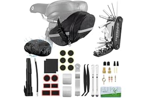 GOHHME Kit Riparazione Pneumatici Bici Multifunzione 16-in-1 con Copertura Impermeabile Mini Pompa 12 Toppe per Pneumatici con Adesivo Conservazione Pratica Accessori Bici Multitool Bici
