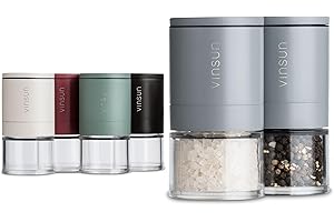 Vinsun Młynek do soli i pieprzu, zestaw 2 sztuk, kolor szary, ceramiczny mechanizm mielący, regulowany, ręczny – małe młynki z pokrywką ø51 x 100 mm – stal nierdzewna, szkło akrylowe – młynki do