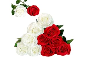 Floralsecret 12 Piezas Rosas Artificiales Ramo Flores Imidacial de Seda Decoración de Boda Casa(Blanca, Roja)