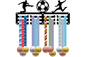 CREATCABIN Porta Medaglie da Calcio Appendiabiti per Medaglie Sportive Display Gara Competizione Vittoria Premi Organizzatore di Nastri Piccolo Telaio in Metallo Nero Appendere 40+ medaglie 29x13cm