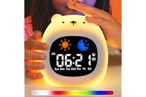 SunnyOcean Kids Alarm Clock with Night Light, Bedside Sleep Trainer Clock with White Noise, Rechargeable Digital Clock for Girls & Boys, Bear