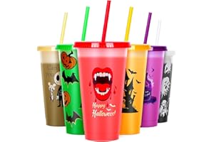 DASFIE Halloween Color Changing Cups with Lids and Straws, 6 Pack 24oz Plastic Halloween Tumblers Set Halloween Bulk Party Cups, Reusable Cups with Lids and Straws for Halloween Party Favors (1)