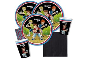 dh-konzept/spielum 44-teiliges Party-Set - DREI Fragezeichen ??? Kids - Teller Becher Servietten Trinkhalme für 8 Kinder