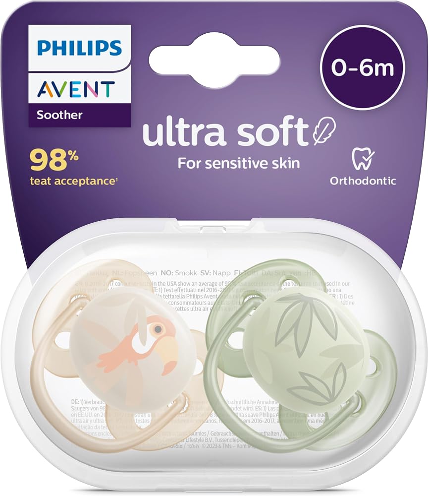 Philips Avent Ultra Soft Emzik, Erkek Bebekler için 0‑6 Ay, 2’li Paket, Ortodontik Silikon, FlexiFit Kalkanlı, Ultra Yumuşak, BPA İçermez, Taşıma Kutulu, SCF091/07