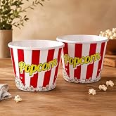 Poomy 2&rsquo;li Popcorn Kovası Seti, Kırmızı Beyaz &Ccedil;izgili Sinema Temalı Patlamış Mısır Kabı, Geniş Ağızlı Hafif Plastik Atıştırma