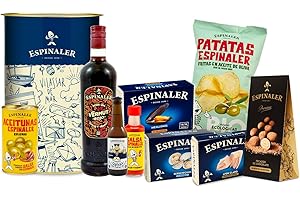 Espinaler cesta gourmet aperitivo | Pack regalo con vermut rojo, cerveza, salsa, patatas fritas ecológicas, aceitunas rellenas de anchoa, berberechos, atún claro, mejillones y catanias de chocolate