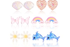 XINJIEDA Bling 6 Pairs Cute Kids Clip On Earrings - Dolphin, Flower, Heart & Shell Styles for Princess Dressup