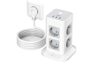 ‎TESSAN TESSAN Wieżowa listwa zasilająca z 8 gniazdami, 3 portami USB A gniazdo wtykowe z wtyczka płaska, 1700J ochrona przeciwprzepięciowa, listwa sieciowa z przełącznikiem i 2m kabel, 3600W, szaro biały