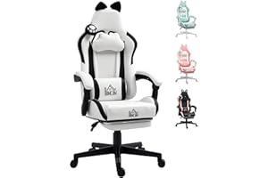 HOMCOM Silla Gaming con Orejas Silla Gamer Reclinable 135° con Altura Ajustable Reposapiés Retráctil Soporte Lumbar Giratorio 360° y Reposacabezas Desmontable Silla para Oficina Estudio Blanco