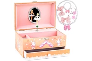 MS. WENNY Girl's Ballerina Musical Jewelry Box - Kid's Storage Box with Pullout Drawer, Ballet and Forest Bunny Design, The Waltz of the Flowers Tune