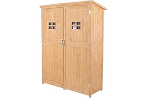 Outsunny Cobertizo de Madera Caseta de Jardín Exterior Armario Herramientas de Jardinería con Estantes Doble Puerta Ventanas y Techo Asfáltico 127,5x50x164 cm Natural