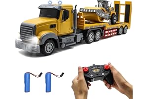 fisca RC Semi Truck mit Anhänger, 1:24 RC Sattelauflieger Engineering Traktor mit Sound und Lichtern, 2.4Ghz Ferngesteuerter Pritschenwagen mit Straßenwalze Baufahrzeugspielzeug für Jungen und Mädchen