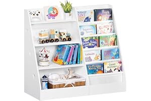 LELELINKY Libreria per bambini con 5 display per libri e 4 ripiani, grande bianco, per bambini, in legno, per bambini, organizzatore giocattolo, per cameretta dei bambini, asilo, 90 x 40 x 80 cm