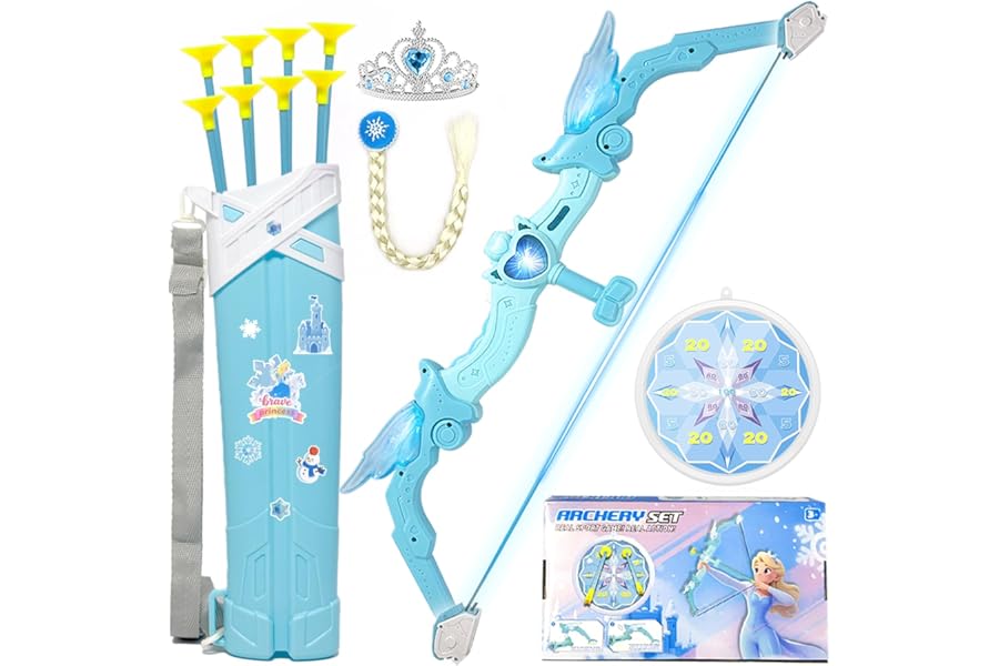 GirliGlee Frozen Toys for Girls,Bow and Arrow Set for Kids,Archery Set with 8 Suction Cup Arrows and LED Lights,Easter Gifts Princess Toys for Girls Ages 3 4 5 6 7 8 9 10+