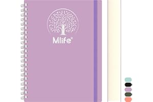 Mlife Cuaderno A5 rayado, 300Páginas Cuaderno espiral,PVC tapa dura con impresión del árbol de la vida,100g/M² Papel resistente a la tinta,Bolsillos expandibles,Bandas elásticas,14.5 * 21cm-Morado