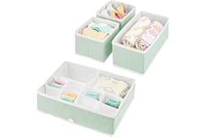 mDesign 4er-Set Kinderzimmer Aufbewahrungsbox – stilvolle Stoff Aufbewahrungskisten in verschiedenen Größen – Kinderschrank Organizer aus atmungsaktiver Kunstfaser – mintgrün/weiß