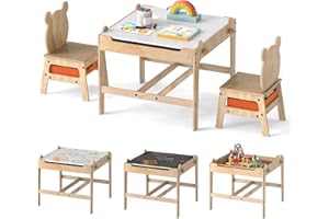 LIFEZEAL Kindertisch mit 2 Stühlen, Kinder Spieltisch mit wendbarer Tafel & Stauraum, Kindersitzgruppe Holz mit niedlichen Mustern, Multifunktionale Sitzgruppe für Kinder ab 3 Jahren (1, Panda)