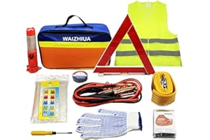 WAIZHIUA Car Breakdown Emergency Kit - 12Pcs UK Europe Auto Roadside Assistance Set, Includes Warning Triangle, Jump Leads, Tow Rope, Safety Hammer, Reflective Vest, Raincoat, Gloves, PVC Tape, Storage Bag