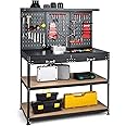 COSTWAY 121 x 61 x 156 cm Workbench with Pegboard, Metal Garage Work Bench with 2 Drawers & 25 Hanging Accessories, Heavy Duty Tool Storage Workstation Unit for Workshop Warehouse, 435kg Capacity