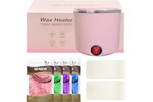 CREACLOUD Mini calentador de cera depilatoria, maquina cera caliente depilación con recipiente de silicona de 200ml, Kit completo de 4 bolsas de perla de Cera, 20 Espátulas (rosa, redondo)