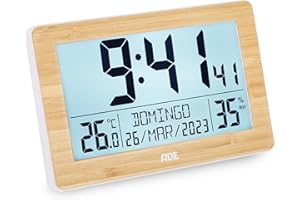 ADE Reloj Digital XL Radio-controlado con dígitos Muy Grandes | Reloj de Mesa con 2 Horas de Alarma e iluminación | termómetro higrómetro | Marco Delgado Hecho de bambú Real