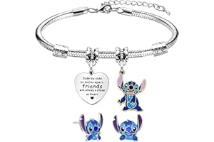 BITOWO Set di 3 braccialetti e orecchini a forma di Stitch, per ragazze, donne, bambini, signore, carini, cartoni animati, orecchini a perno, braccialetti dell'amicizia, per ragazze, compleanni, lauree, set