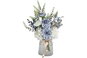 NAWEIDA Artificial Flowers with Vase, Faux Dahlia Flower Arrangement in Glass Vase, Blue and White Silk Flowers with Eucalyptus for Home Office Kitchen Dining Table Centerpiece Decor