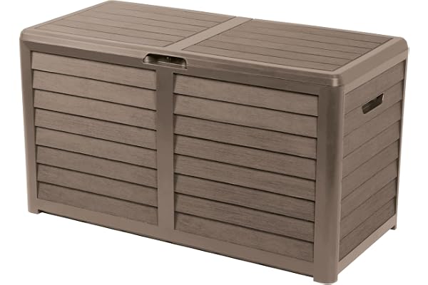 EDA - Malle de Jardin BAYA 420 L - Décor bois - Cadenassable - Poignées de Transport - Anti-étouffement - Anti-UV - Taupe - 117,3 x 54,8 x 65,3 cm