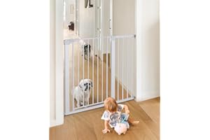 COMOMY Puerta de Perros 91,5cm Extra Alto, 75-110cm Ancho Grande Puerta Seguridad Bebe de Cierre Automático, Duradera Barrera Seguridad Niños para Escalera, Montadas a Presión, Blanco
