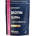 Biotin Hair Growth Tablets 12000mcg | 180 Count | High Strength Complex Enriched with Zinc and Selenium | Hair Growth, Skin & Nail Vegan Supplement | by Horbaach