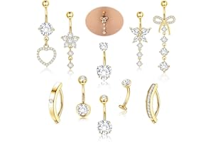 Diamday 10pcs Piercing Nombril Acier Chirurgical Piercing Nombril Anneau 14G Coeur Papillon Fleur Pendentif Ventre Piercings Barre Nombrils Percings Or Argenté