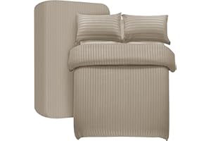 My home store Set copripiumino matrimoniale beige, 4 pezzi, copripiumino a righe satinate, in morbida microfibra spazzolata, con lenzuolo con angoli profondi 30 cm e 2 federe