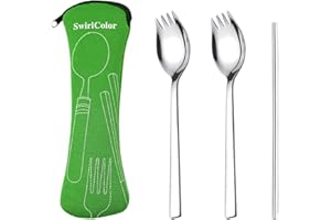 SWIRLCOLOR Ensemble Sporks Portables en Acier Inoxydable, 2 Cuillères à Salade Créatives avec Paille 2 en 1 Fourchette et Cuillère pour Gâteau de Pâtes