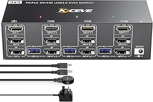 YOUTINGHDAV KVM Switch 3 Monitors 3 Computers HDMI+DP+DP 8K@60Hz 4K@144Hz, USB 3.0 KVM Switch Triple Monitor for 3 Computers Share Mouse Keyboard, Wired Remote and 3 USB Cable