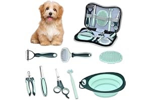 Onherm 8pcs Kit Toilettage pour Chien Chat - Comprend Brosse à Poils pour Chien Chat, Coupe Ongle et Lime Chien Chat, Ciseaux und Brosse de Bain, Gamelle Pliable et Brosse a Dent pour Chien
