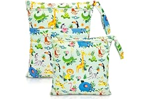 HOTLIKE Wet Bag, 2 PCS Wet Dry Bags for Cloth Diapers, Waterproof Reusable Washable Wet Dirty Laundry Bag, Zipper Organiser Storage Bags for Baby Nappy, Travel Beach Swimming Pool Gym (Zoo)