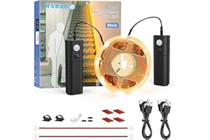 WOBANE Rechargeable Motion Sensor LED Strip Light,5m Wireless LED Stair Lights with 2 Sensor,Upgraded Battery Powered LED Strip Lights,Warm White Closet Light for Bed,Pantry,Counter,Cupboard,2700K