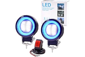 Ourbest 9-36V Blue Halo Motorcycle Fog Lights with Switch, Auxiliary Spotlights - White Light, Blue Ring Angel Eyes for Offroad
